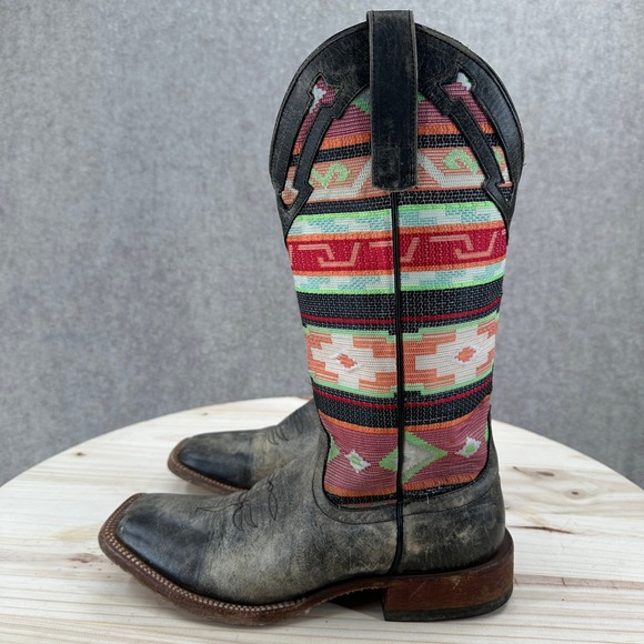 Macie Bean Women Size 8 Black Cracktacular Leather Aztec Serape Cowboy Boots - Picture 2 of 16